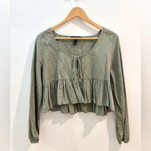 Cropped Sage Green Floral Print Long Sleeve Top